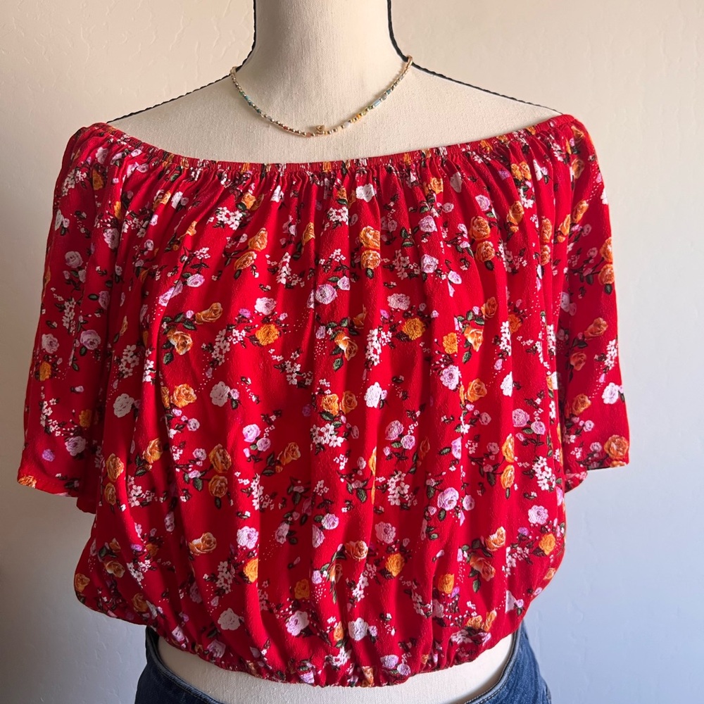Forever 21 Red Floral Off-Shoulder Blouse